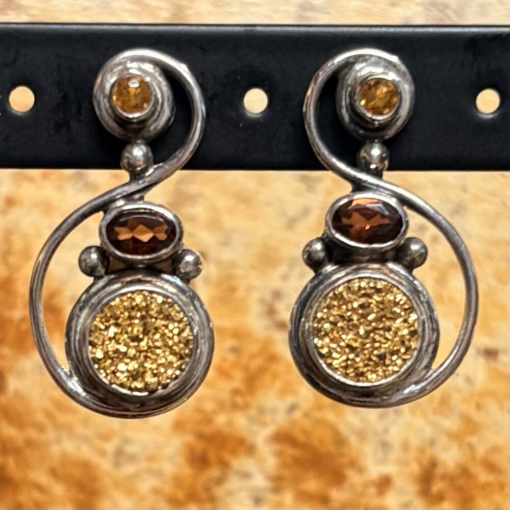 Sajen Earrings Sterling Silver, Garnet, Citrine and Druzy Swirl
